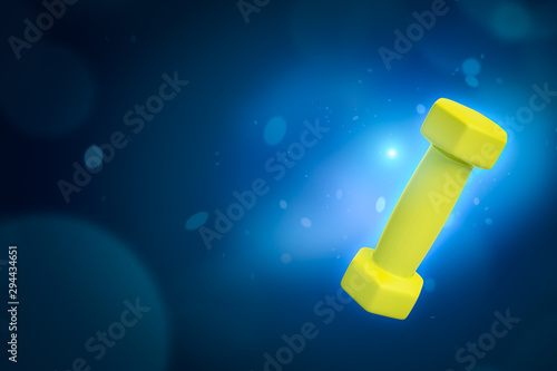 3d close-up rendering of yellow dumbbell on gradient blue bokeh background with copy space.