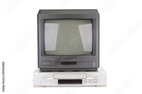 Valokuva Old video recorder and tv isolated on white background