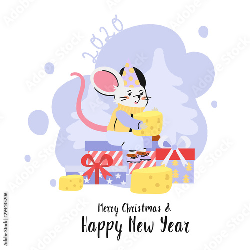 Merry Christmas and happy new year post card or print with a rat symbol of the next year  sitting on a pile of presents and holding cheese. Creative cute christmas party greeting or invitation.