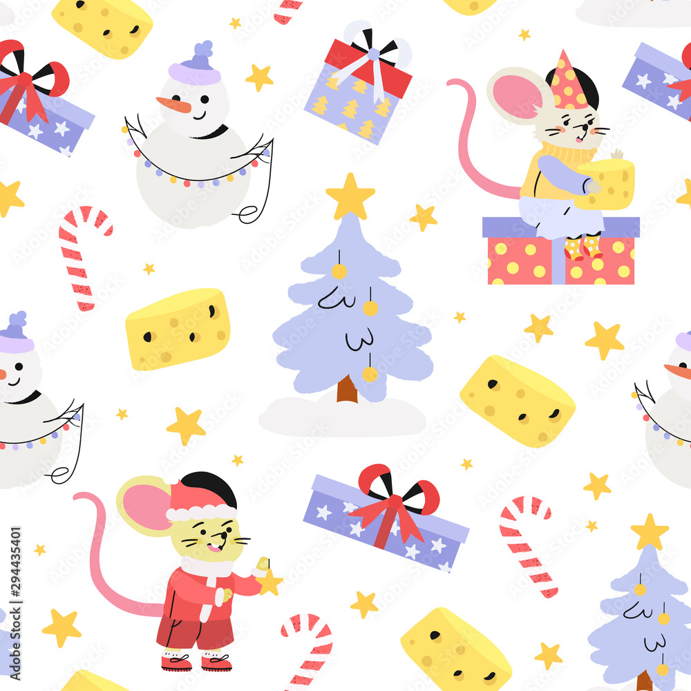 Merry Christmas and happy new year seamless pattern with a rat symbol of next year, snowman and gift boxes that can be used for print designs, textile, fabric, wrapping paper and other decorations.