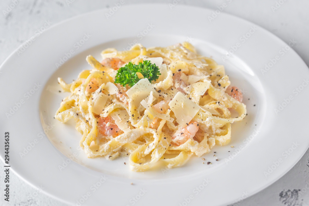 Portion of Shrimp Alfredo Pasta