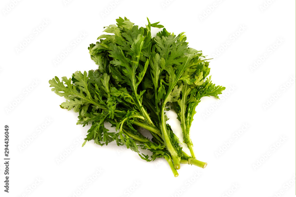a batch of tung ho, Chrysanthemum greens, on white background a batch of tung ho, Chrysanthemum greens, on white background