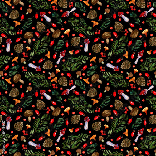 Watercolor seamless pattern with Christmas tree branches, cones, mushrooms, fly agaric, rose hips and viburnum berries on a black background. Autumn seamless background for cards.