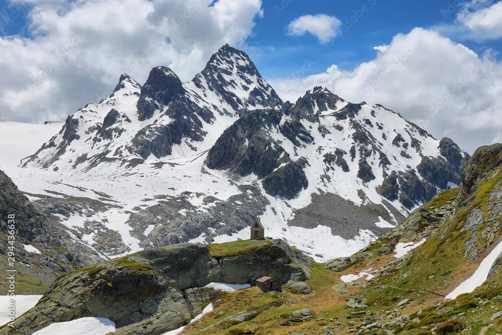Mountain range view on the way to Rutor Glacier, Aosta Valley, Italy