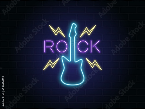 Color illustration of a neon guitar, lightning with text on a background of brick. Vector illustration on the theme of rock music