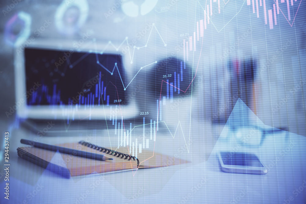 Stock market graph on background with desk and personal computer. Multi exposure. Concept of financial analysis. Stock market graph on background with desk and personal computer. Multi exposure. Concept of financial analysis.