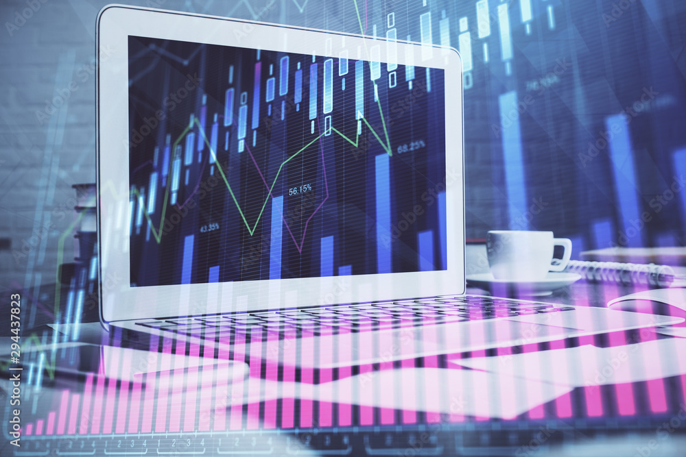 Stock market graph on background with desk and personal computer. Multi exposure. Concept of financial analysis. Stock market graph on background with desk and personal computer. Multi exposure. Concept of financial analysis.