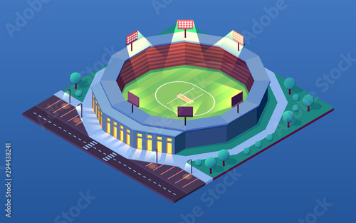 Night view on cricket stadium or isometric building for cricketer sport events. Illuminated arena with floodlight or spotlight and parking. Batting game pitch or field. Architecture and championship