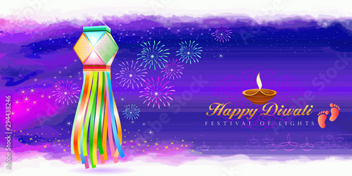 A clay lamp light on a Diwali with a beautiful, colorful lantern