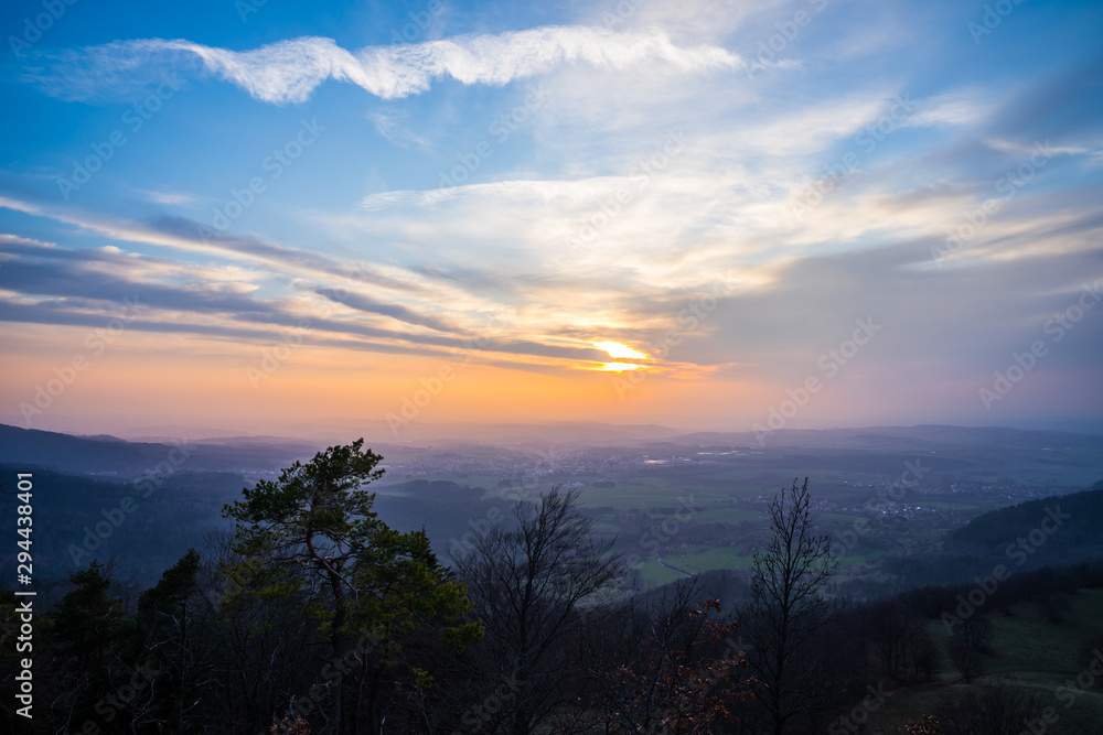 Germany, Endless german countryside scenic view from a mountain at sunset in swabian jura