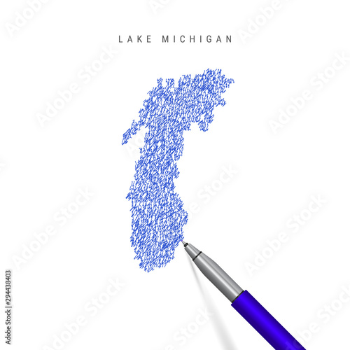 Lake Michigan, one of the Great Lakes sketch scribble map isolated on white. Hand drawn vector map of Lake Michigan.