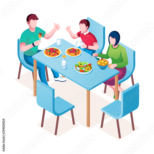Family enjoying meal at table. Mother, father and child at dinner or lunch, supper or breakfast. Man and woman, kid eating food. Dad and mom together eat soup, salad, drinking milk. Holiday nutrition