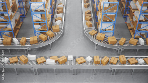 Packages delivery, parcels transportation system concept, cardboard boxes on conveyor belt in warehouse. Warehouse with cardboard boxes inside on pallets racks. Huge modern warehouse, 3D Illustration photo