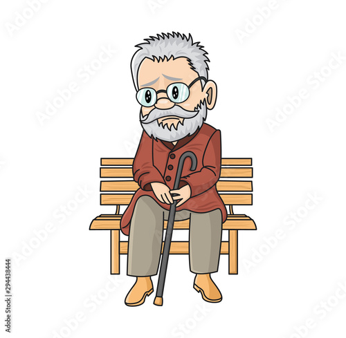 Sad cute old man with a cane sitting on a wooden bench. Lonely vector cartoon grandfather. Unlucky pensioner.