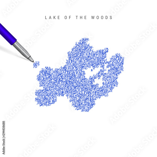 Lake of the Woods sketch scribble map isolated on white background. Hand drawn vector map of Lake of the Woods.