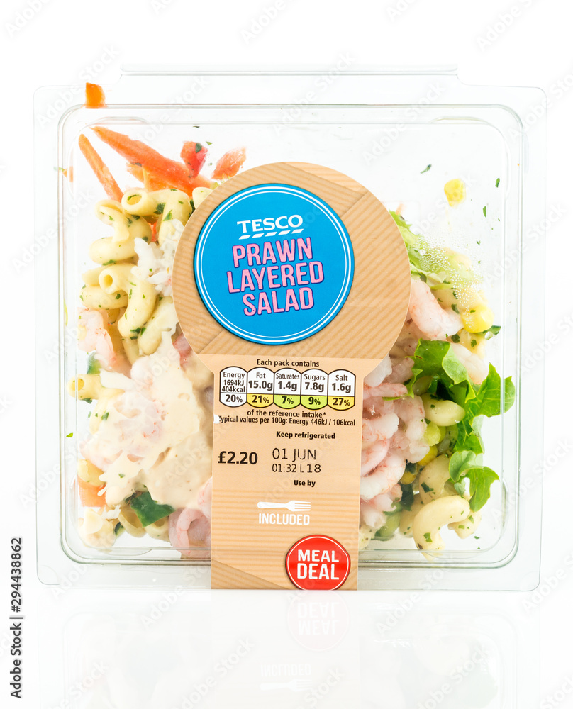 Tesco Prawn Layered Salad, fresh ready to eat meal. Stock Photo Adobe