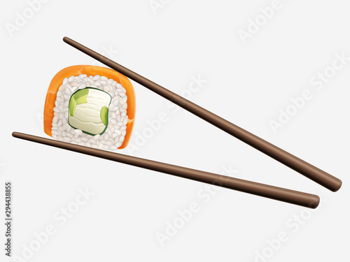 Sushi roll between chopsticks isolated on white background. Traditional Japanese restaurant sea food snack, susi, exotic nutrition menu modern logotype design element. Realistic 3d vector illustration