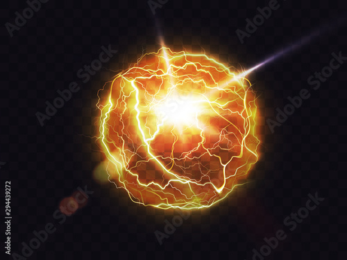 Electric ball, lightning fireball, strike impact place, plasma sphere in yellow color isolated on dark background. Powerful electrical discharge, magical energy flash Realistic 3d vector illustration
