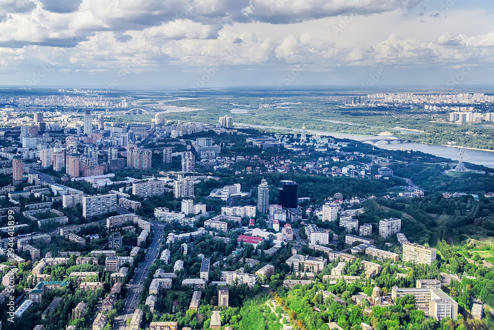 Aerial photograph taken from a plane in Kyiv, Ukraine. Selective focus