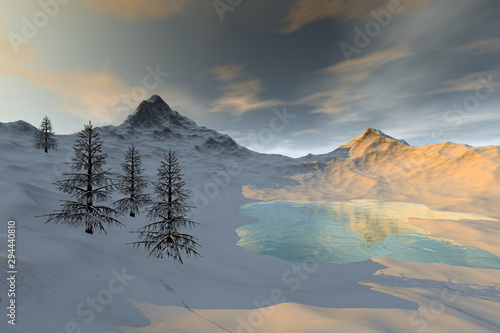Snow around the lake, a winter landscape, coniferous trees and a cloudy sky.