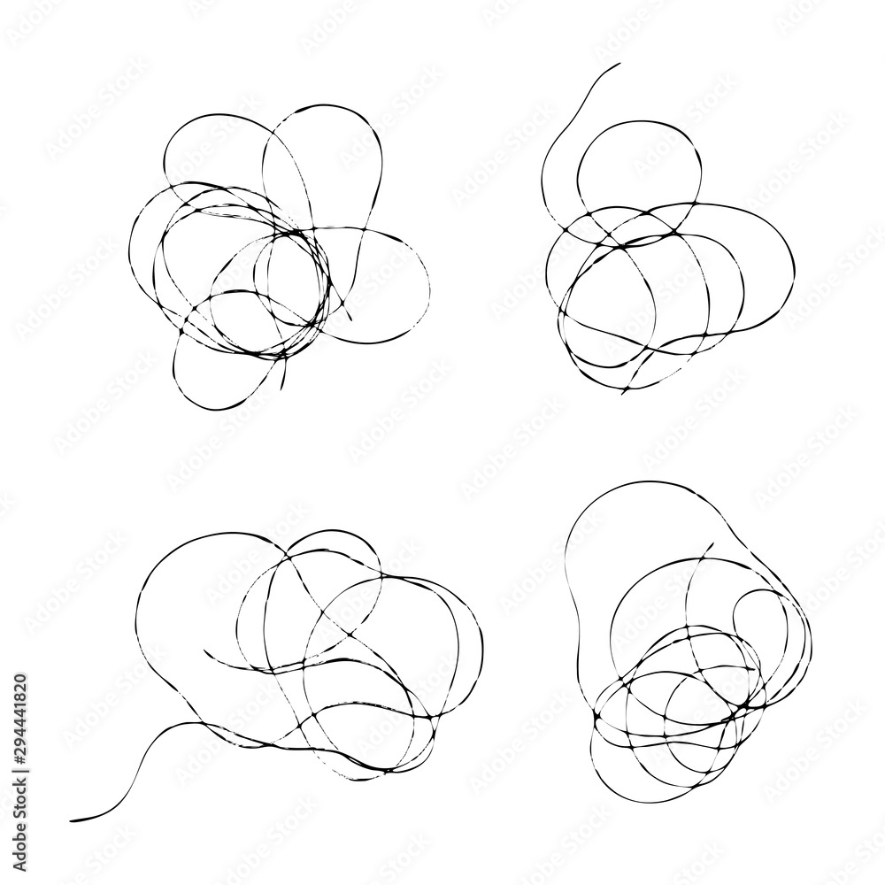 Tread scribble petals, flowers, spots, nest, clouds. Set of tangled threads. Black line abstract scrawl sketch. Vector illustration of chaotic doodle shapes. EPS 10. Tread scribble petals, flowers, spots, nest, clouds. Set of tangled threads. Black line abstract scrawl sketch. Vector illustration of chaotic doodle shapes. EPS 10.