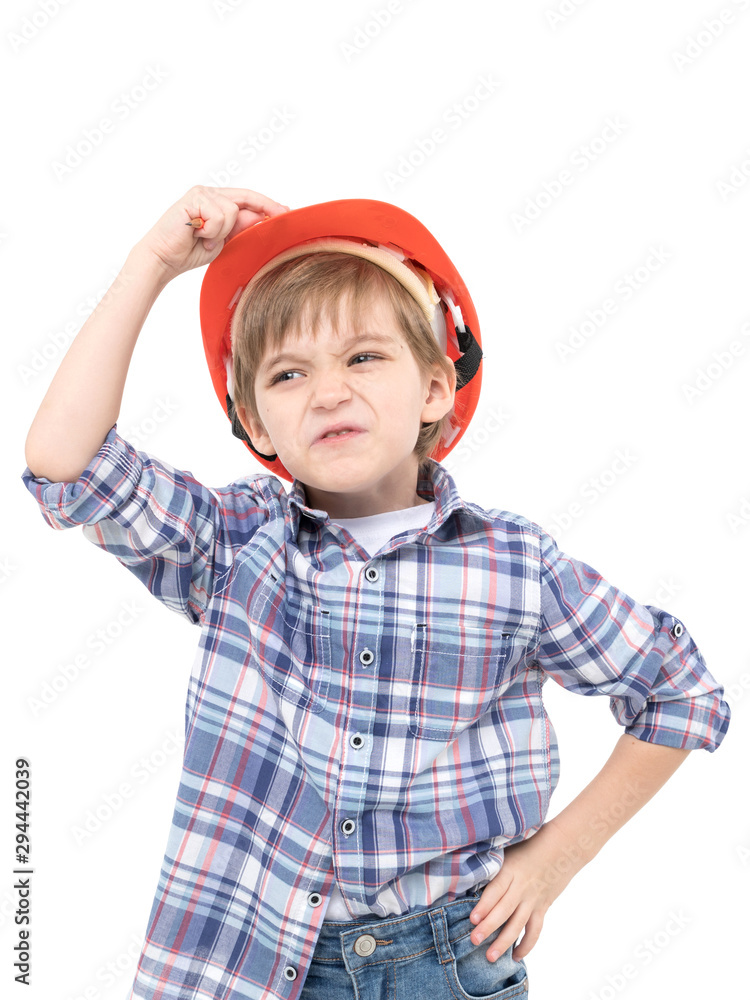 Adorable kid dressed as foreman in orange helmet and shirt Adorable kid dressed as foreman in orange helmet and shirt