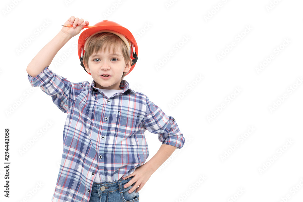 Adorable kid dressed as foreman in orange helmet and shirt Adorable kid dressed as foreman in orange helmet and shirt