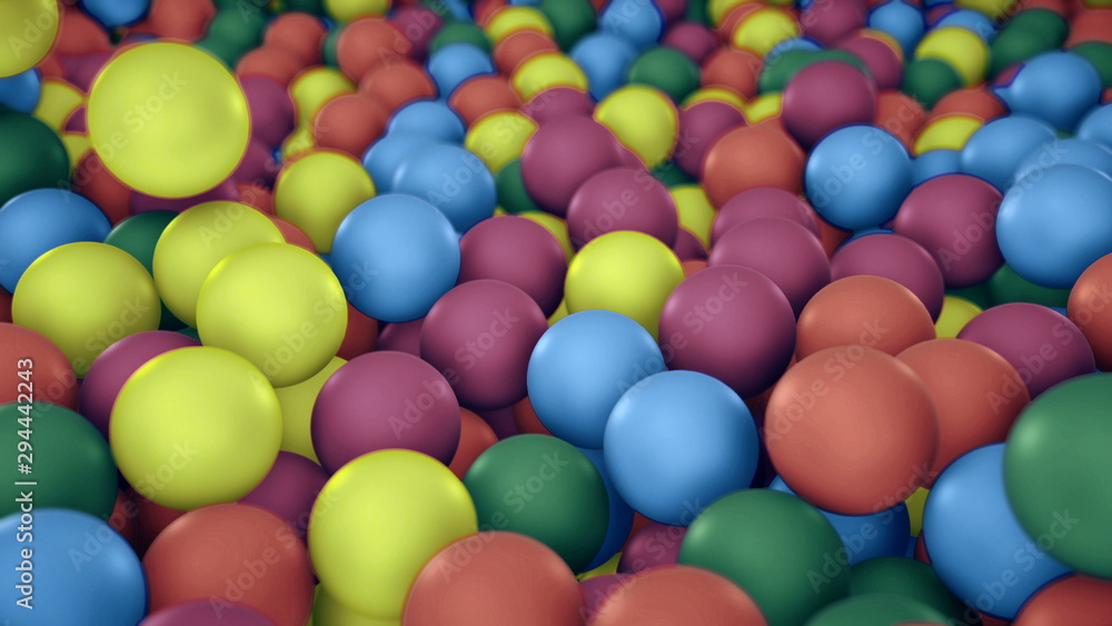 Pile of gumballs closeup with colorful rolling and falling balls. Multicolored spheres in pool for children fun abstract background. Bright 3D illustration with depth of field. Camera zooms out