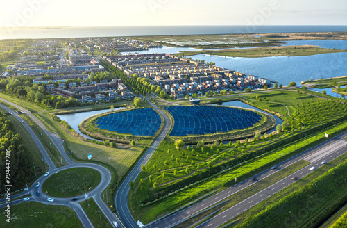 Aerial shot of a modern sustainable neighbourhood in Almere, The Netherlands