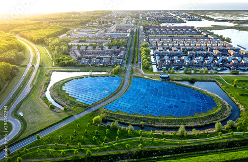 Aerial shot of a modern sustainable neighbourhood in Almere, The Netherlands photo