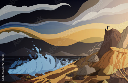 Couple standing at the edge of the cliff and looking at the sea during a storm. Ocean horizon in overcast weather. Vector illustration