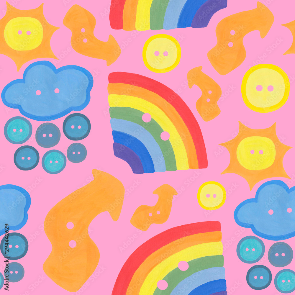 Seamless pattern with multi-colored sewing buttons on a pink background. Various elements: rainbow, sun, cloud, lightning. Perfect for projects: wallpapers, needlework stores, fabric, textile.
