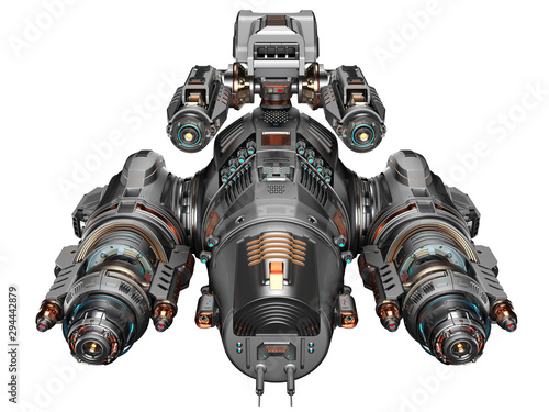 Futuristic gunship or very detailed flying military machine with heavy wepons. Front upper view isolated on white background. 3D illustration