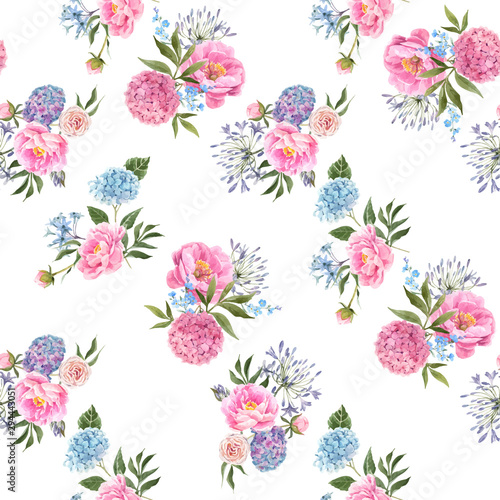 Watercolor floral bouquet seamless vector pattern