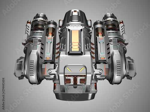 Futuristic gunship or very detailed flying military machine with heavy wepons. Upper view isolated on gray background. 3D illustration photo