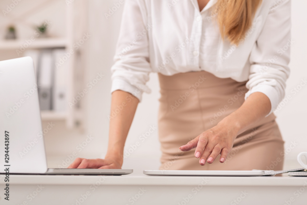Fototapeta premium Unrecognizable Businesswoman Using Tablet And Laptop Standing In Office