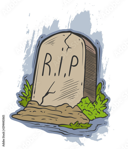 Cartoon colorful tomb gravestone with grass and R.I.P text. Isolated on white background. Halloween vector icon.