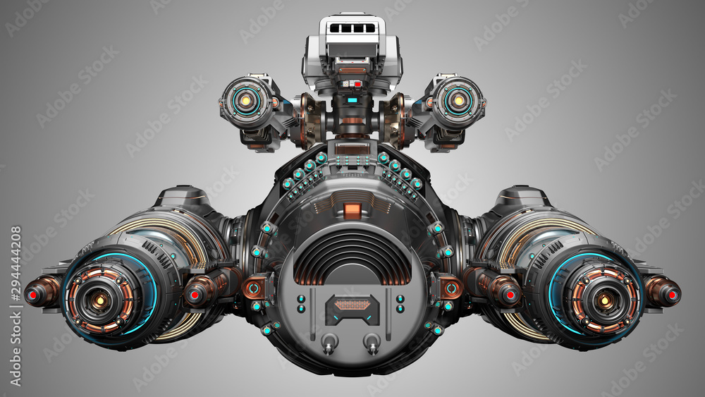 Futuristic gunship or very detailed flying military machine with heavy wepons. Front view isolated on gray background. 3D illustration Futuristic gunship or very detailed flying military machine with heavy wepons. Front view isolated on gray background. 3D illustration
