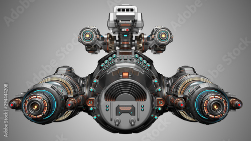Futuristic gunship or very detailed flying military machine with heavy wepons. Front view isolated on gray background. 3D illustration