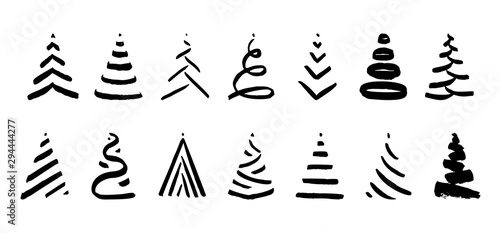 Set of minimalistic hand drawn Christmas  tree icons isolated on white background. New Year minimal concept. Vector illustration. Can be used for greeting card, invitation, banner, web, prints