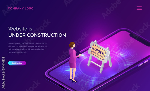 Website under construction, maintenance work or error page isometric concept vector illustration. Mobile phone screen, warning road traffic sign and woman figure, purple ultraviolet web page banner