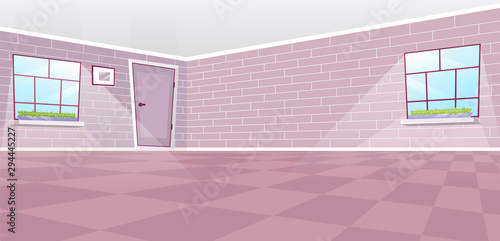 Empty dining room interior flat vector illustration. Cartoon door and windows with sun rays. Sunlit hall with decorative vintage brick walls and painting. Checkered floor in pastel pink color palette