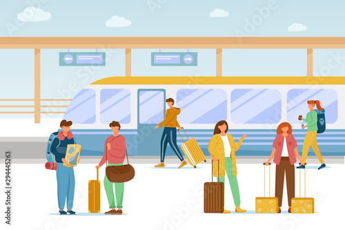 Railway station flat vector illustration. Modern city public transport. Urban transportation. locomotive and passengers on platform. People waiting for train, walking with baggage cartoon characters