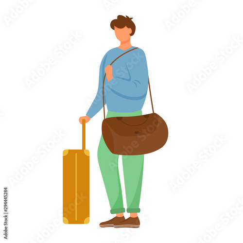 Man traveler flat vector illustration. Vacation tour. Male person with luggage. Caucasian full body guy standing with bag on shoulder and suitcase isolated cartoon character on white background