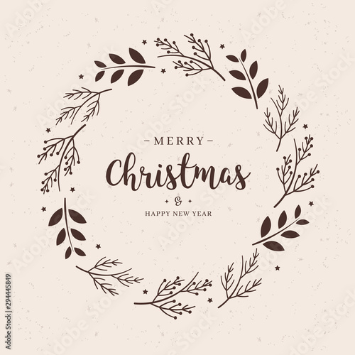 Merry Christmas greeting text branch wreath circle background