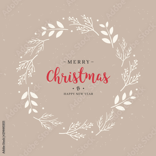 Merry Christmas greeting text branch wreath circle background