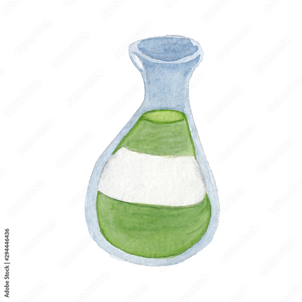watercolor drawing of a botttle with green liquid. on a white watercolor drawing of a botttle with green liquid. on a white