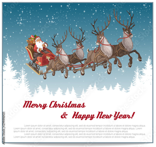 Christmas background with Santa driving his sleigh on winter night and copy-space for your text