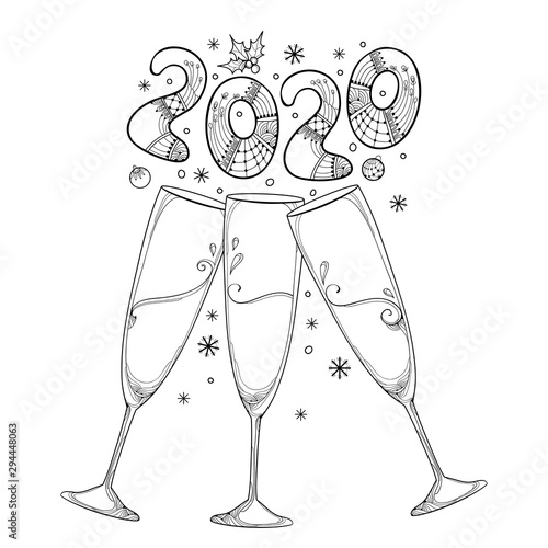 Three outline toasting champagne glasses with number 2020 in black isolated on white background.