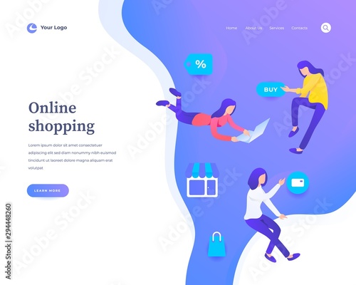 Online shopping concept, flying or levitation people and interaction with store icons.